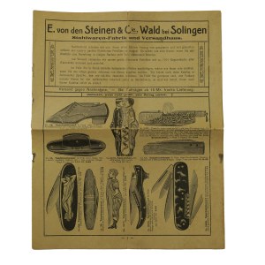 Reklama z asortymentem Stahlwaren-Fabrik und Versandhaus [Fabryka wyrobów stalowych i dom wysyłkowy] E. von den Steinen & Cie. Wald bei Solingen [scyzoryki, nożyczki, brzytwy, fajki, zapalniczki, portfele, lampki, instrumenty, zegarki kieszonkowe