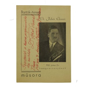 Program koncertu dr. Eleméra Fehéra w sali Bartóka z dnia 3 czerwca 1955 roku