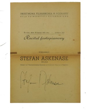 Stefan ASKENASE recital fortepianowy, autograf pianisty 23.III.1955r.