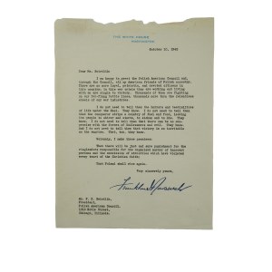 Franklin Delano Roosevelt [1882-1945] faksymile autografu na korespondencji z oznaczeniem The White House Washington z 1942r. skierowanej do prezydenta Rady Polonii Amerykańskiej - F.X. Świetlik
