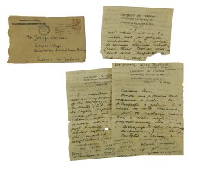 Józefa Orańska - korespondencja od Jerzego Żarneckiego [1915-2008] na druku z nagłówkiem Uniwersytetu Londyńskiego, datowana 14.X.1946r.