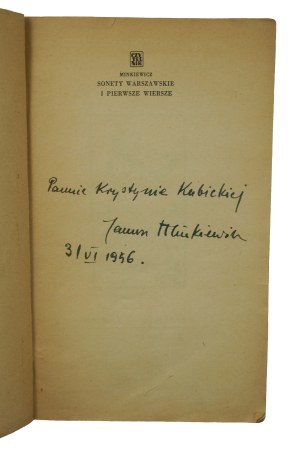 Janusz MINKIEWICZ - Warsaw Sonnets and First Poems , Warsaw 1956, 1st edition with dedication and autograph of the writer