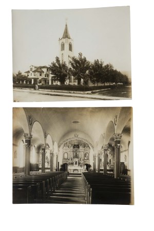 Priest Jan Suchos set of 2 photographs of Polish churches built in America on the model of Jasna Gora in Czestochowa, priest's autograph on both photos, dated 1956.