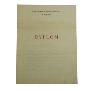 Wyższe Katolickie Studium Społeczne w Poznaniu DYPLOM ukończenia, datowany 25 marca 1939r., Poznań