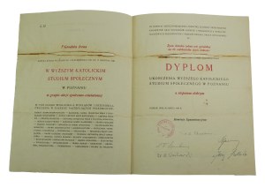 Higher Catholic Social Studies in Poznań DYPLOM OF COMPLETION, dated March 25, 1939, Poznań.