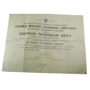 Dyplom ukończenia weterynarii na Uniwersytecie Lwowskim, datowany Lwów 9 kwietnia 1931r., wystawiony dla Józef Teofil Weigt [zamordowany w Charkowie]