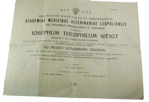 Diploma in veterinary medicine from Lviv University, dated Lviv April 9, 1931, issued to Jozef Teofil Weigt [murdered in Kharkiv].