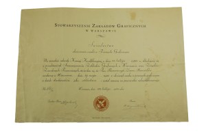 Association of Graphic Works in Warsaw CERTIFICATE OF LEARNING IN GRAPHIC INDUSTRY, Warsaw February 22, 1930.