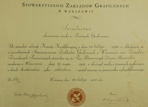 Association of Graphic Works in Warsaw CERTIFICATE OF LEARNING IN GRAPHIC INDUSTRY, Warsaw February 22, 1930.