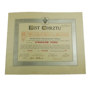 My z Bożey łaski uczniowe Gutenberga - LIST CHRZTU , wyzwolenia na drukarza, Poznań 1 października 1937 roku