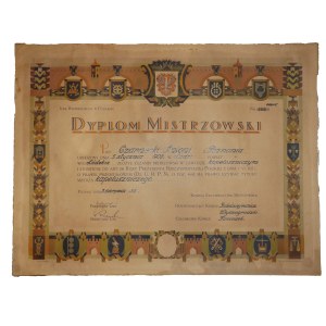 Dyplom mistrzowski w zawodzie kapeluszniczym , piękny druk datowany 3.VIII.1938r. Poznań