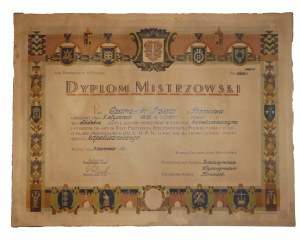 Master diploma in hatmaking profession , beautiful print dated 3.VIII.1938. Poznan