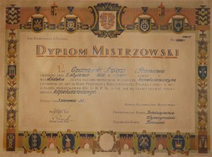 Master diploma in hatmaking profession , beautiful print dated 3.VIII.1938. Poznan
