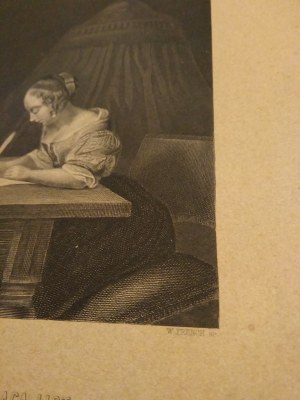 Girl writing letters copperplate engraving by Gerhard Terburg 1870