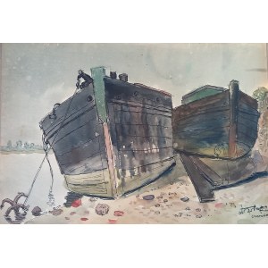 Łodzie przy brzegu Czerwińsk Stanisław Rolicz 1959 r. /S.