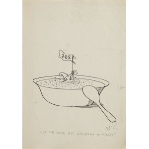 Jerzy Flisak (1930 Warszawa - 2008 Warszawa), Ja nie chcę być zjedzony w kaszy!, ilustracja do książki Krasnoludki są na świecie...