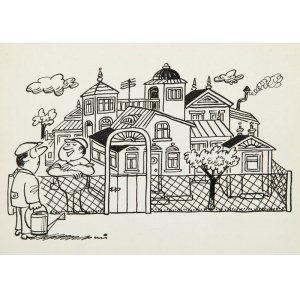 Gwidon Miklaszewski (1912 Berlin - 1999 Warszawa), - Mam teraz mniej drzewek, bo trochę rozbudowałem altanę..!, ilustracja satyryczna