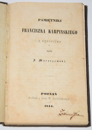 KARPIŃSKI Franciszek - Memoirs. 1st edition Lviv 1844.