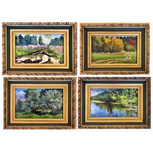 Artista non riconosciuto, Foresta + alberi in fiore + prato + fiume, 1990