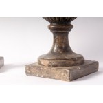 Pair of amphora candlesticks late 18th early 19th century 29 x 17 x 10.5 cm in silver-plated, lacquered, engraved and carved wood. Condition: good, parts worn as per normal use over time, missing parts in the lacquer., Pair of amphora candlesticks late 18