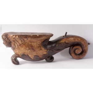 Wall lamp arm late 16th early 17th century 63 x 16 x 21 cm in gilded wood, carved with an angel's head and plant motifs. State of preservation: good, some missing gilding., Wall lamp arm late 16th early 17th century 63 x 16 x 21 cm in gilded wood, car