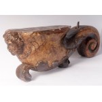 Wall lamp arm late 16th early 17th century 63 x 16 x 21 cm in gilded wood, carved with an angel's head and plant motifs. State of preservation: good, some missing gilding., Wall lamp arm late 16th early 17th century 63 x 16 x 21 cm in gilded wood, car