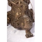 Altar candlestick late 18th early 19th century 100 x 32 cm in silver metal sheet. Embossed and engraved parts. Triangular shape with three zoomorphic support feet State of preservation: fair, broken and restored parts., Altar candlestick late 18th early 1