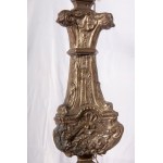 Altar candlestick late 18th early 19th century 100 x 32 cm in silver metal sheet. Embossed and engraved parts. Triangular shape with three zoomorphic support feet State of preservation: fair, broken and restored parts., Altar candlestick late 18th early 1