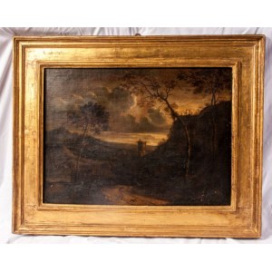 Landscape with tower and wayfarer 18th century oil painting on canvas 52 x 68 cm in a golden frame. State of preservation: fair, several spots of colour fallen along the lower margin of the work., Landscape with tower and wayfarer 18th century oil paintin