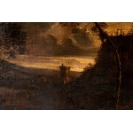 Landscape with tower and wayfarer 18th century oil painting on canvas 52 x 68 cm in a golden frame. State of preservation: fair, several spots of colour fallen along the lower margin of the work., Landscape with tower and wayfarer 18th century oil paintin