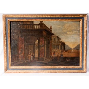 Invention architectures with characters late 18th century oil painting on canvas 40 x 61 cm in frame. State of conservation: fair, relined, Invention architectures with characters late 18th century oil painting on canvas 40 x 61 cm in frame. State of cons