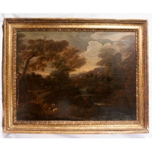 Glimpse of landscape with mountains, river and wayfarers 18th century oil painting on canvas 73 x 98 cm in a golden frame. Condition: relined, small scattered paint losses and on the left side a vertical paint loss, a small hole in the center on the right