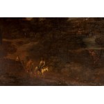 Glimpse of landscape with mountains, river and wayfarers 18th century oil painting on canvas 73 x 98 cm in a golden frame. Condition: relined, small scattered paint losses and on the left side a vertical paint loss, a small hole in the center on the right