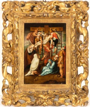 Zdjęcie Chrystusa z krzyża olej na płótnie cm. 31x22,5. Z ramą wymiary ramy cm. 53.5x44x5 ok., Złożenie Chrystusa z krzyża olej na płótnie cm. 31x22,5. Z ramą wymiary ramy cm. 53,5x44x5 ok.