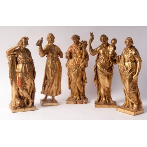 Lot of five allegorical sculptures second half of the 18th century 30 x 10 cm in gilded wood and carved in the round, taken from classical models State of conservation: missing parts, breakages and wear on the gilding., Lot of five allegorical sculptures 