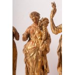Lot of five allegorical sculptures second half of the 18th century 30 x 10 cm in gilded wood and carved in the round, taken from classical models State of conservation: missing parts, breakages and wear on the gilding., Lot of five allegorical sculptures 