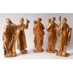 Lot of five allegorical sculptures second half of the 18th century 30 x 10 cm in gilded wood and carved in the round, taken from classical models State of conservation: missing parts, breakages and wear on the gilding., Lot of five allegorical sculptures 