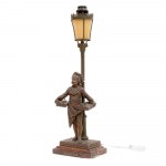 Table lamp, late 19th early 20th century 44 x 14 x 10 cm with sculpture of a pastry chef and red marble base, signed Bouret. State of preservation: good., Table lamp, late 19th early 20th century 44 x 14 x 10 cm with sculpture of a pastry chef and red mar
