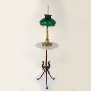 Table lamp in green glass and brass first half of the 20th century 50 x 17 cm 76 x 35 cm with cast iron tripod base and marble top. Electrified lamp but not working. State of preservation: good, Table lamp in green glass and brass first half of the 20th c