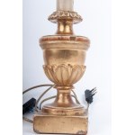 Pair of palm holders 19th century 22 x 10 cm made of gilded wood, carved in the shape of a pine cone tapered towards the bottom with leaves along the edge, electrified. State of conservation: wear to the gilding as per use over time., Pair of palm holders