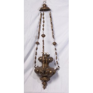 Votive lamp in suspension 19th century 60 x 30 cm made of brass, two-element body with pods. State of conservation: broken parts, Votive lamp in suspension 19th century 60 x 30 cm made of brass, two-element body with pods. State of conservation: broken pa