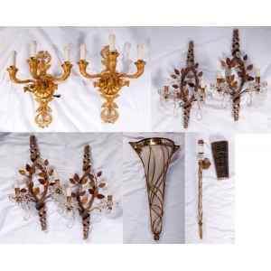 Lot of eight wall sconces second half of the 20th century of which: four two-light crystal and brass lamps, two three-light gilded bronze lamps with palmette decorations and two drop-shaped brass lamps. State of preservation: very good., Lot of eight wall