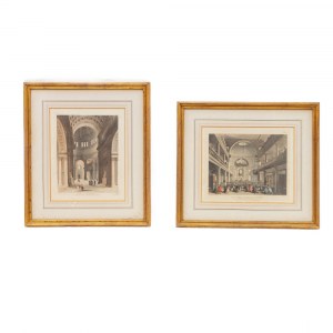 Lot of four multiples on paper with interior views late 19th century early 20th century with different subjects and sizes in a golden frame. State of preservation: good., Lot of four multiples on paper with interior views late 19th century early 20th cent