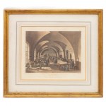 Lot of four multiples on paper with interior views late 19th century early 20th century with different subjects and sizes in a golden frame. State of preservation: good., Lot of four multiples on paper with interior views late 19th century early 20th cent