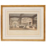 Lot of four multiples on paper with interior views late 19th century early 20th century with different subjects and sizes in a golden frame. State of preservation: good., Lot of four multiples on paper with interior views late 19th century early 20th cent