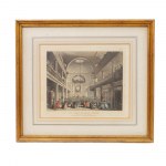 Lot of four multiples on paper with interior views late 19th century early 20th century with different subjects and sizes in a golden frame. State of preservation: good., Lot of four multiples on paper with interior views late 19th century early 20th cent