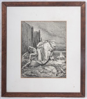 Ilustracja z Boskiej Komedii z Dantem i Charonem wielokrotna na papierze w oprawie 30 x 24 cm, sygnowana. Stan zachowania: bardzo dobry, Ilustracja z Boskiej Komedii z Dantem i Charonem wielokrotna na papierze w ramie 30 x 24 cm, sygnowana.