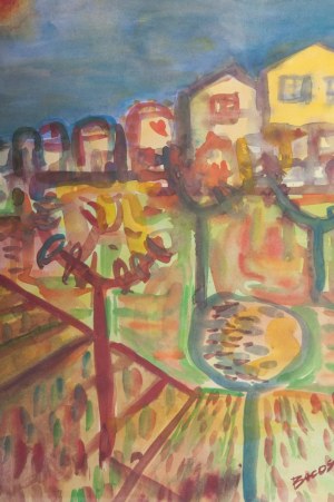 Pejzaż miejski Akwarela na papierze, 39 x 28 cm, sygnowana w ramie. Z poświadczeniem z galerii Fauni w Rzymie, podpisany przez artystę. Stan zachowania: bardzo dobry, Pejzaż miejski Akwarela na papierze, 39 x 28 cm, sygnowana w ramie. Z uwierzytelnieniem