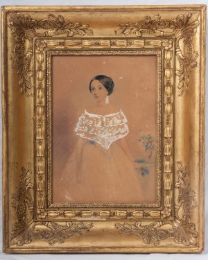Panna Młoda XIX w. ołówek na papierze z białym ołowiem elewacje 26 x 18 cm w złoconej drewnianej ramie z XIX wieku 42 x 34,5 cm Stan zachowania: bardzo dobry, Panna Młoda XIX w. ołówek na papierze z białym ołowiem elewacje 26 x 1