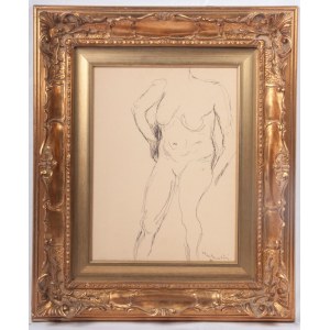 Female Nude 1989 ink on paper applied to canvas 40 x 30 cm signed, dated in frame with authentication on photo by Jorise Tarabella Montanarini. State of preservation: very good, Female Nude 1989 ink on paper applied to canvas 40 x 30 cm signed, dated in f